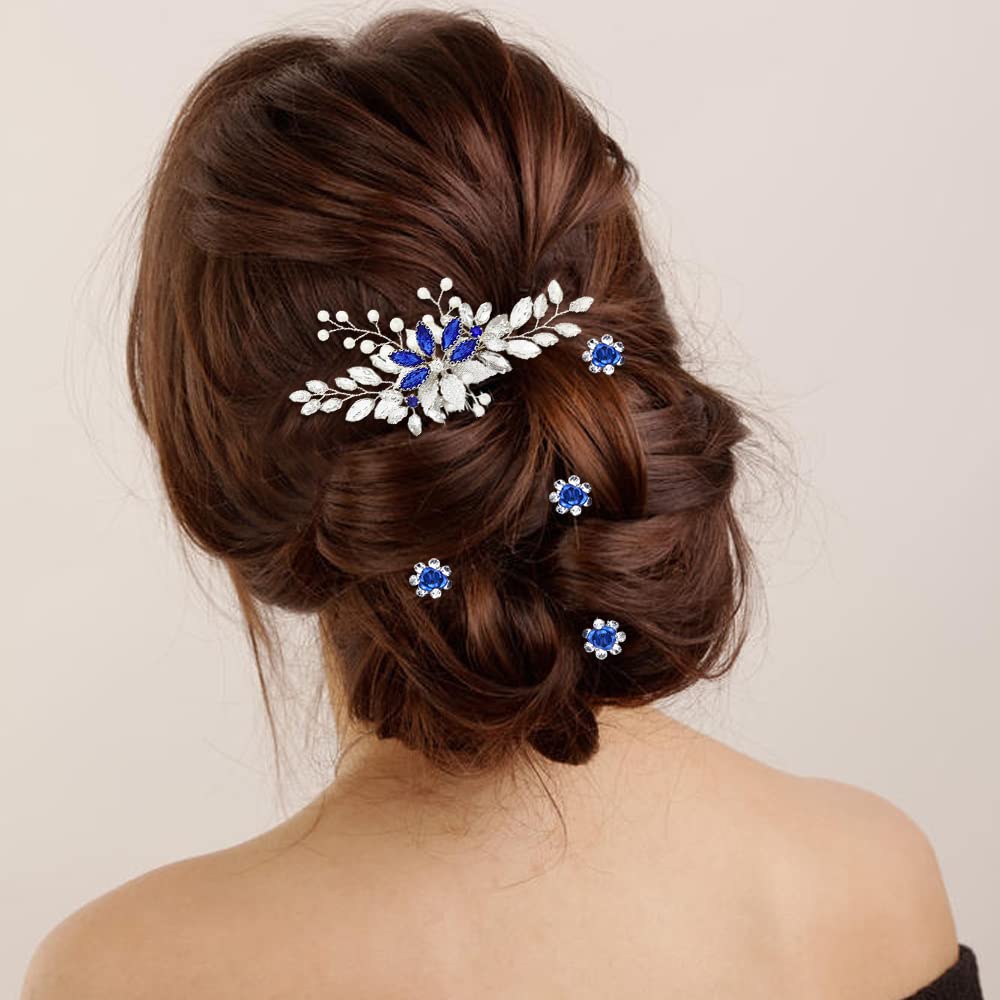 inSowni 33 Pack Royal Blue Rhinestone Pearl Crystal Leaf Flower Bridal Hair Side Combs+Spiral Gems Hair Clips+U Shaped Hair Pins Wedding Headpieces Accessories for Women Girls Brides Bridesmaids - Image 3