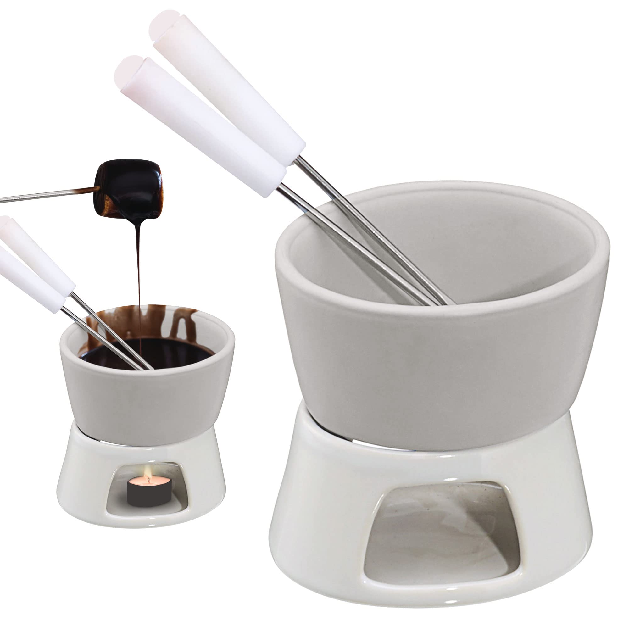 Cepewa 1 x ceramiczny zestaw do fondue czekoladowego fondue biały z 2 widelcami ze stali nierdzewnej (1 x zestaw czekoladowego fondue)