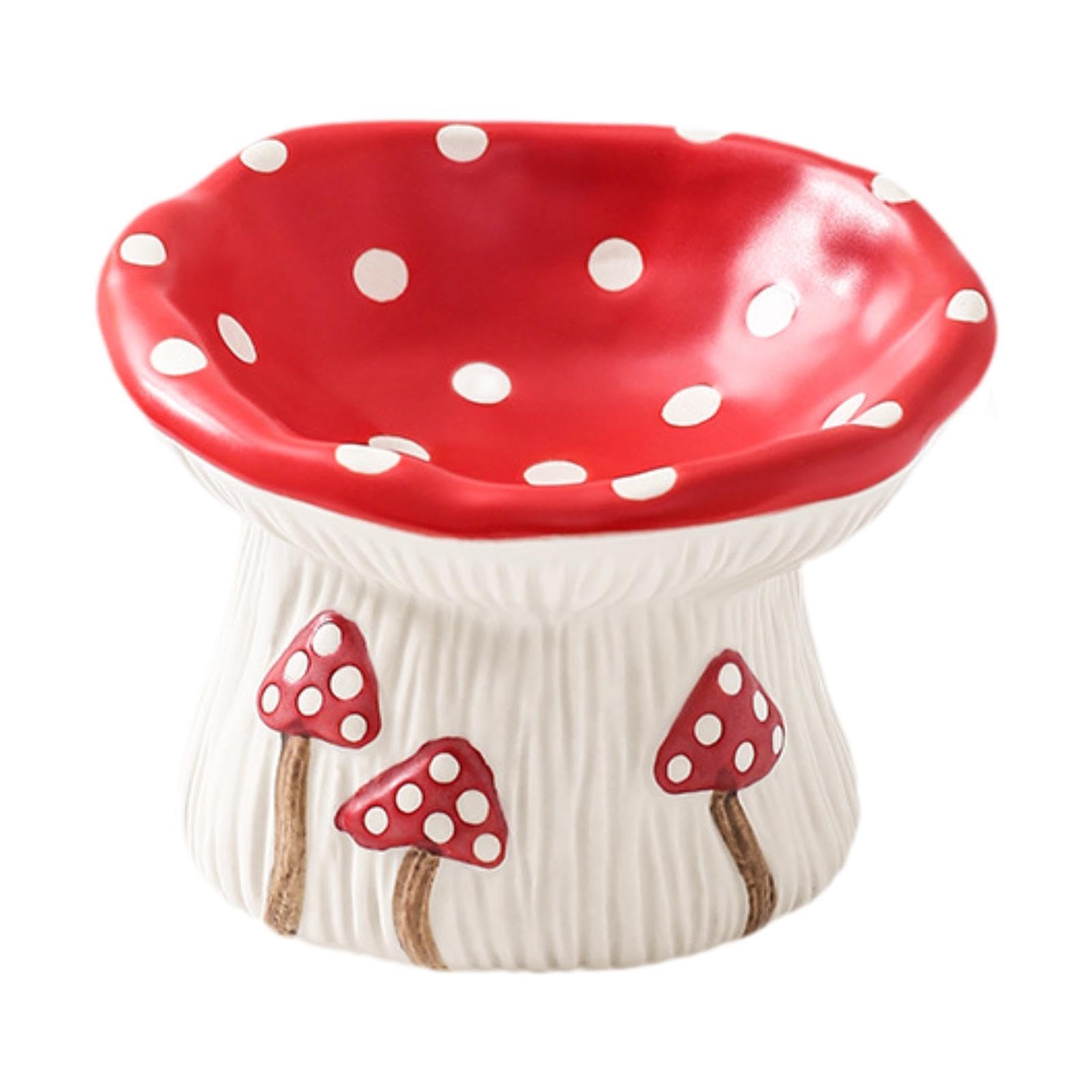 Ronyme Ceramic Cat Bowl for Small Animals, Non-Slip Red Mushroom Pet Food & Water Dish, Anti-Vomiting, Wide Shallow Design, Dishwasher Safe, Cute Feeding Bowl for Cats and