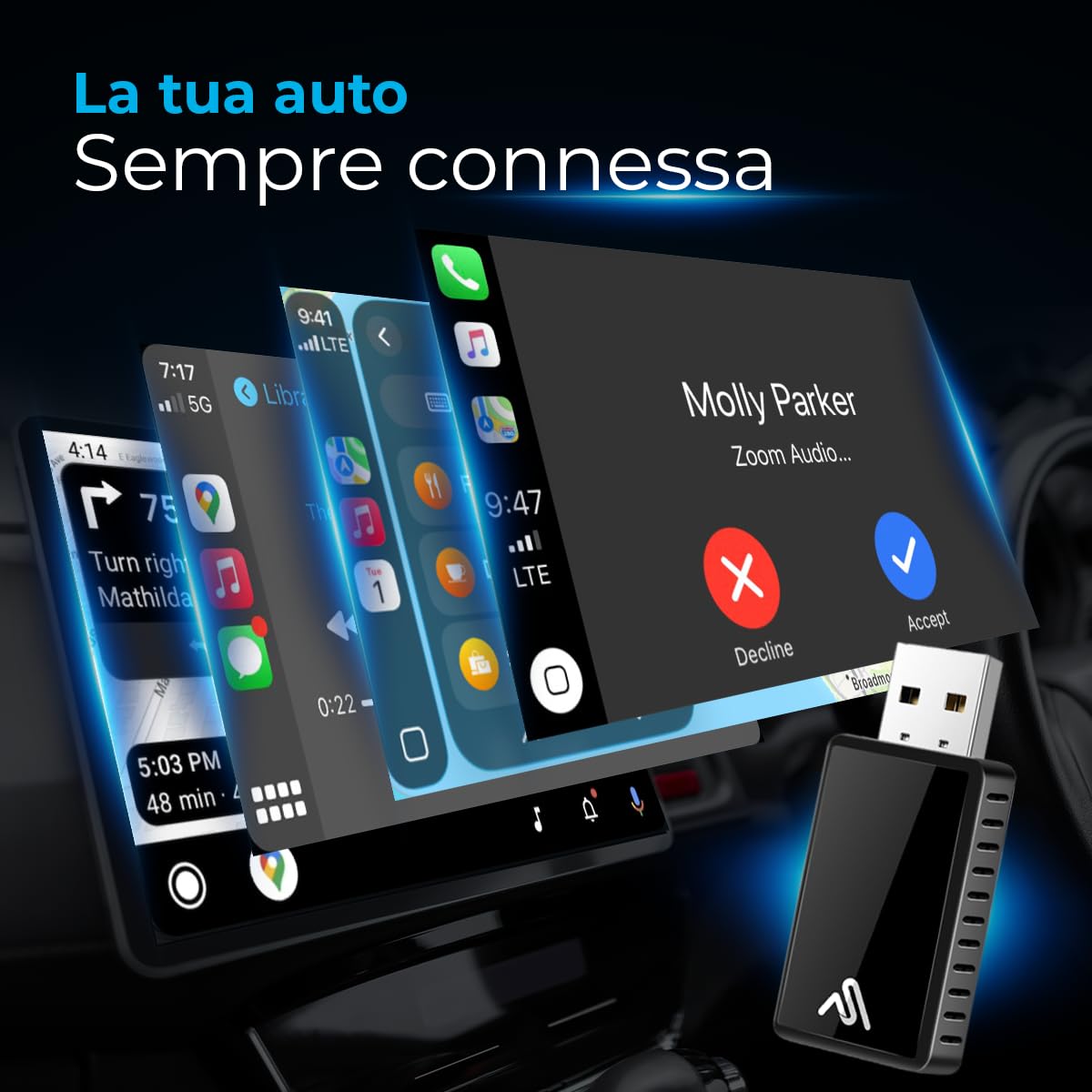AutoSky Adattatore wireless CarPlay & Android Auto – Dongle USB senza fili per iPhone & Android | Plug & Play, connessione rapida