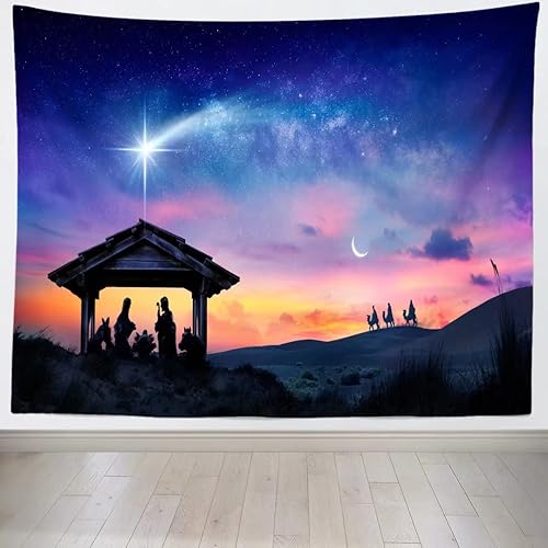 Miniatura 8 de BELECO Tapiz de noche de Navidad para colgar en la pared, tapiz de nacimiento de Jesús, tapiz de desierto, camello del desierto, palacio, castillo,