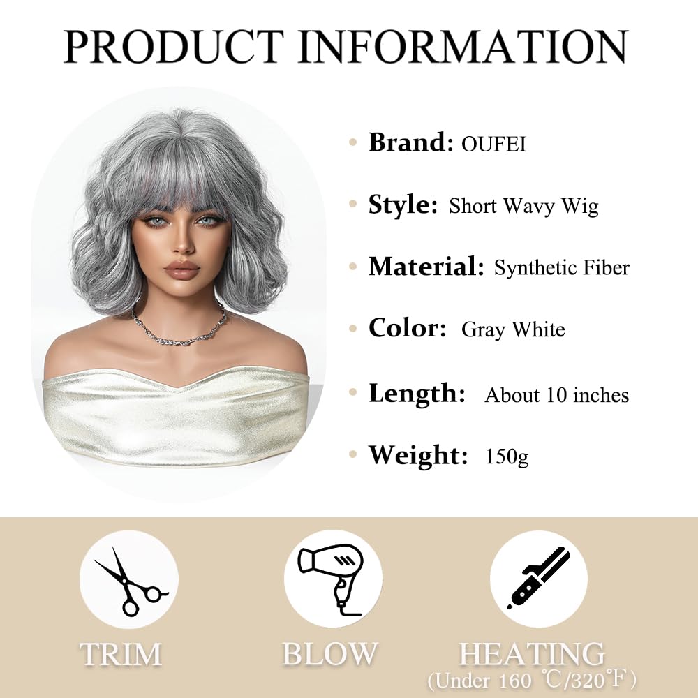 OUFEI Gray White Bob Wigs for Women Short Wavy Wig With Bangs with Dark Roots Natural Synthetic Hair Heat Resistant Wigs for Daily Party Cosplay Wear - Image 2