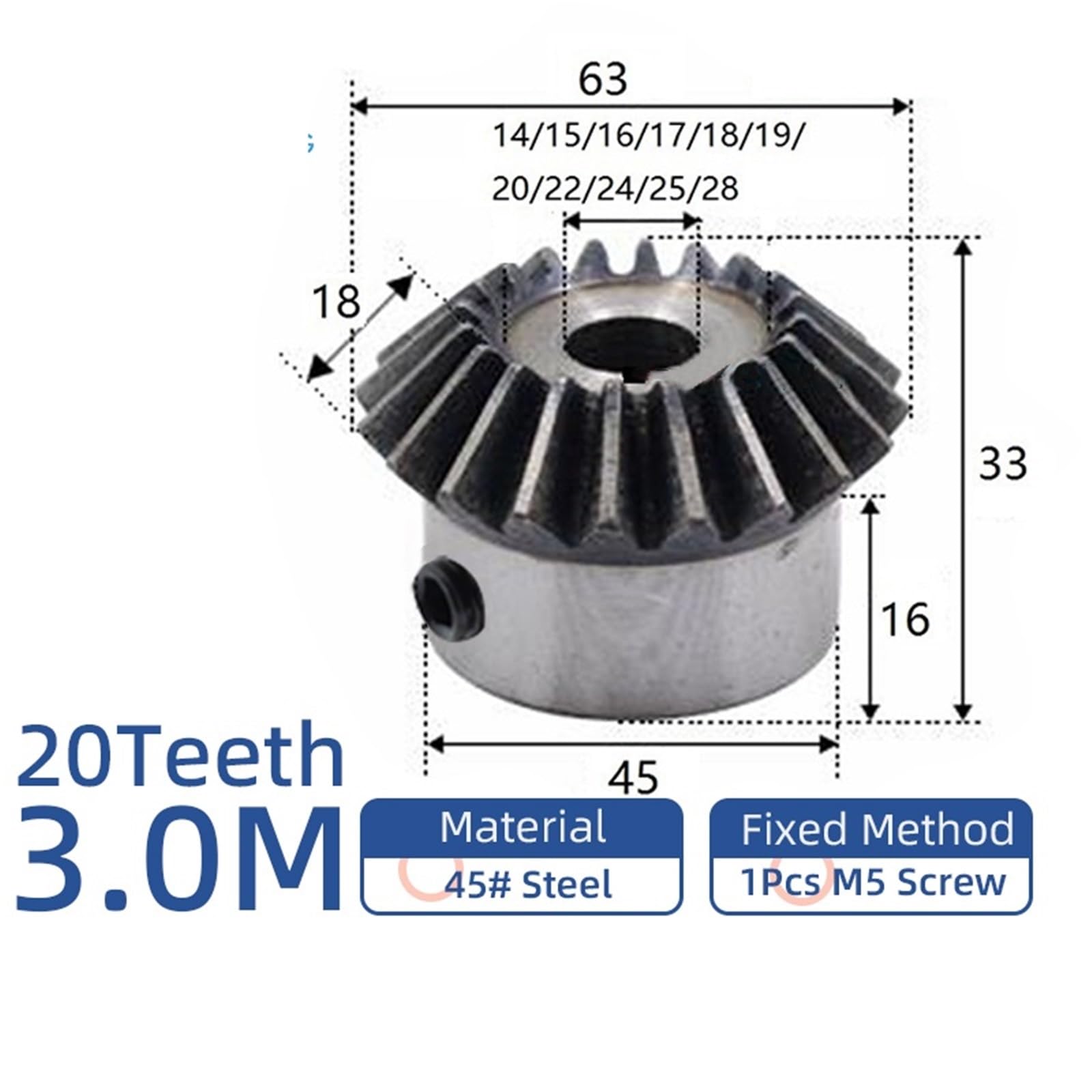 1 Stücke 3Modul 20 Zähne Kegelräder 3,0 M 20 T Innendurchmesser 14/15/16/17/18/19/20/22/24/25/28mm(18mm keaway 6mm)