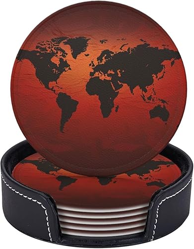 Juego de 6 posavasos de mapa del mundo rojo y marrón para mesa de café, posavasos de cuero absorbente para bebidas con soporte para tazas, juego de