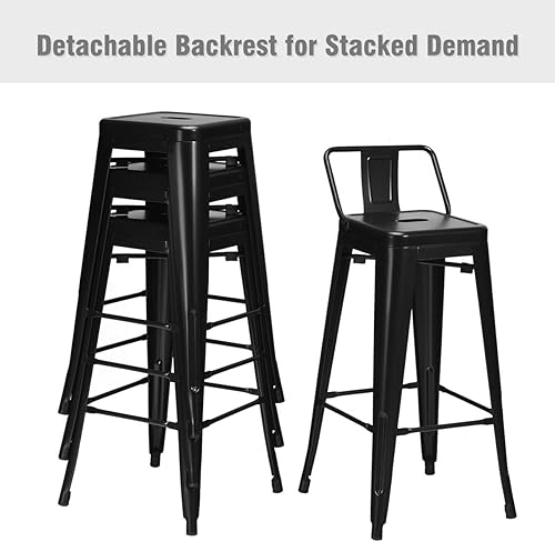 Miniatura 9 de COSTWAY Juego de 4 taburetes de bar de metal, con respaldo extraíble, altura de barra de 30 pulgadas con patas de goma, sillas elegantes y modernas,