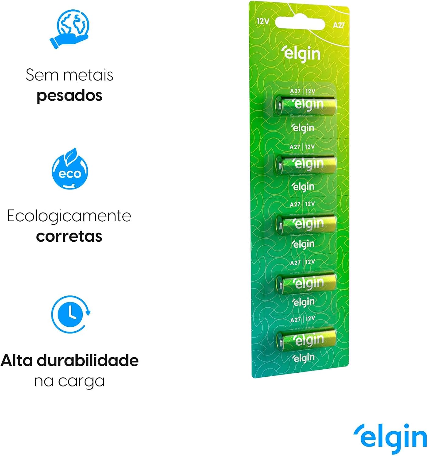 Bateria Alcalina A27 Elgin com 5 Unidades 12V Pilha