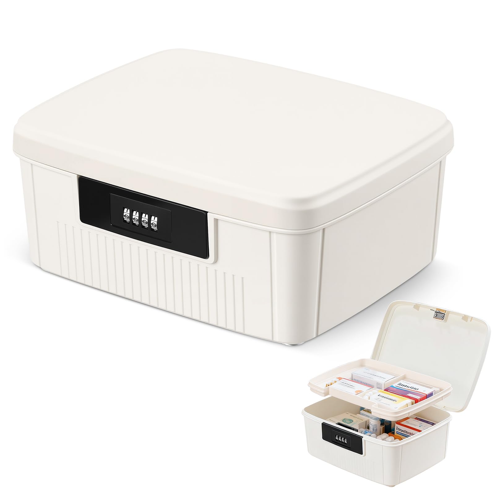 Yekolau Lockable Storage Box with Combination Code - Secure Document and ID Organiser, Waterproof Medication Case, Portable Food Safe Locking Box with Removable Tray for Home Office Travel (White)