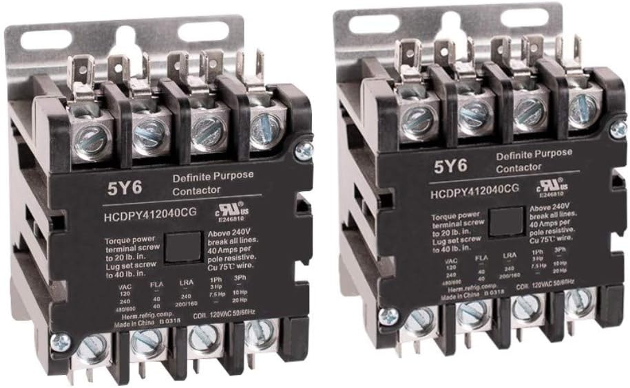 4 Pole Contactor 120v Coil Definite Purpose Magnetic 40 amp Normally Open AC Contactor - 110/120VAC Coil, Motor Load 40a. HVAC Refrigeration & Heat Pump (Pack of 2)