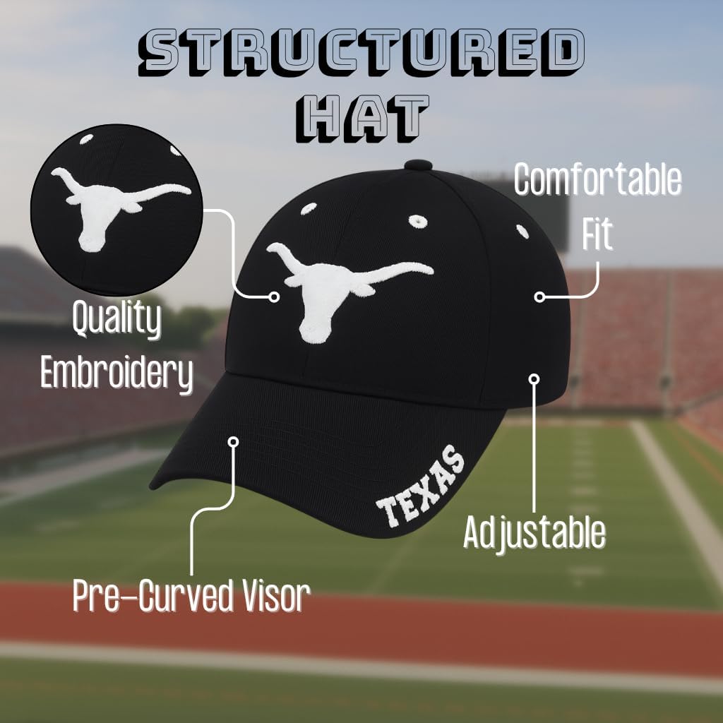 Officially Licensed Texas University Classic Edition Hat Black/White Team Logo Adjustable MVP Structured Embroidered Baseball Sports Cap - Image 4