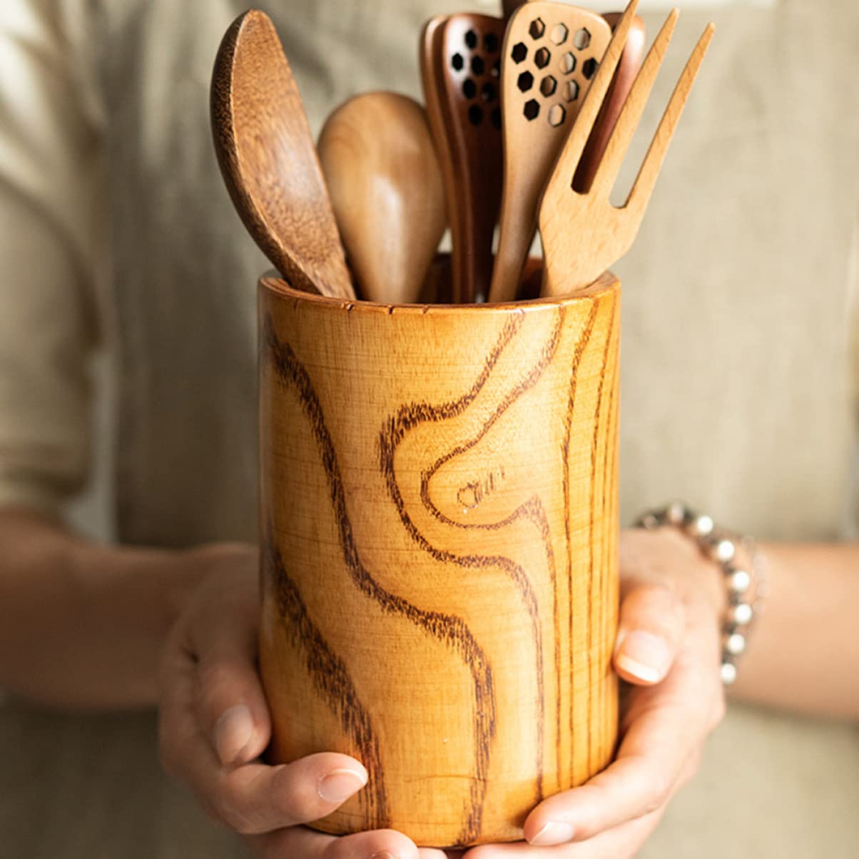 OKUMEYR 1Pc Creative Utensil Holder Stylish Kitchen Countertop Organizer for Chopsticks Spoons Forks More Premium Wood Storage for Home Hotel and Restaurant Use