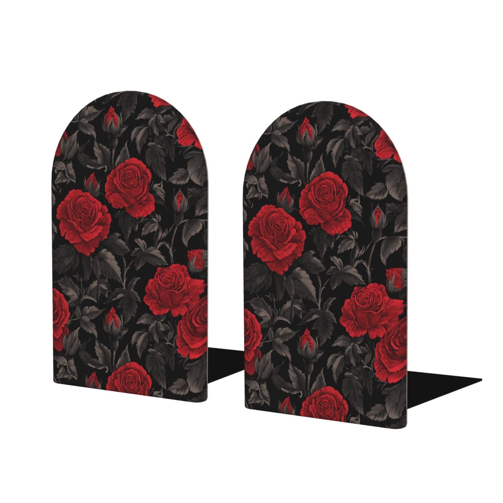 Woshuwo Khaki Gothic Red Roses Bookends For Shelves 2 Pcs Wooden Book Stopper Organizer For Home Office Libraries