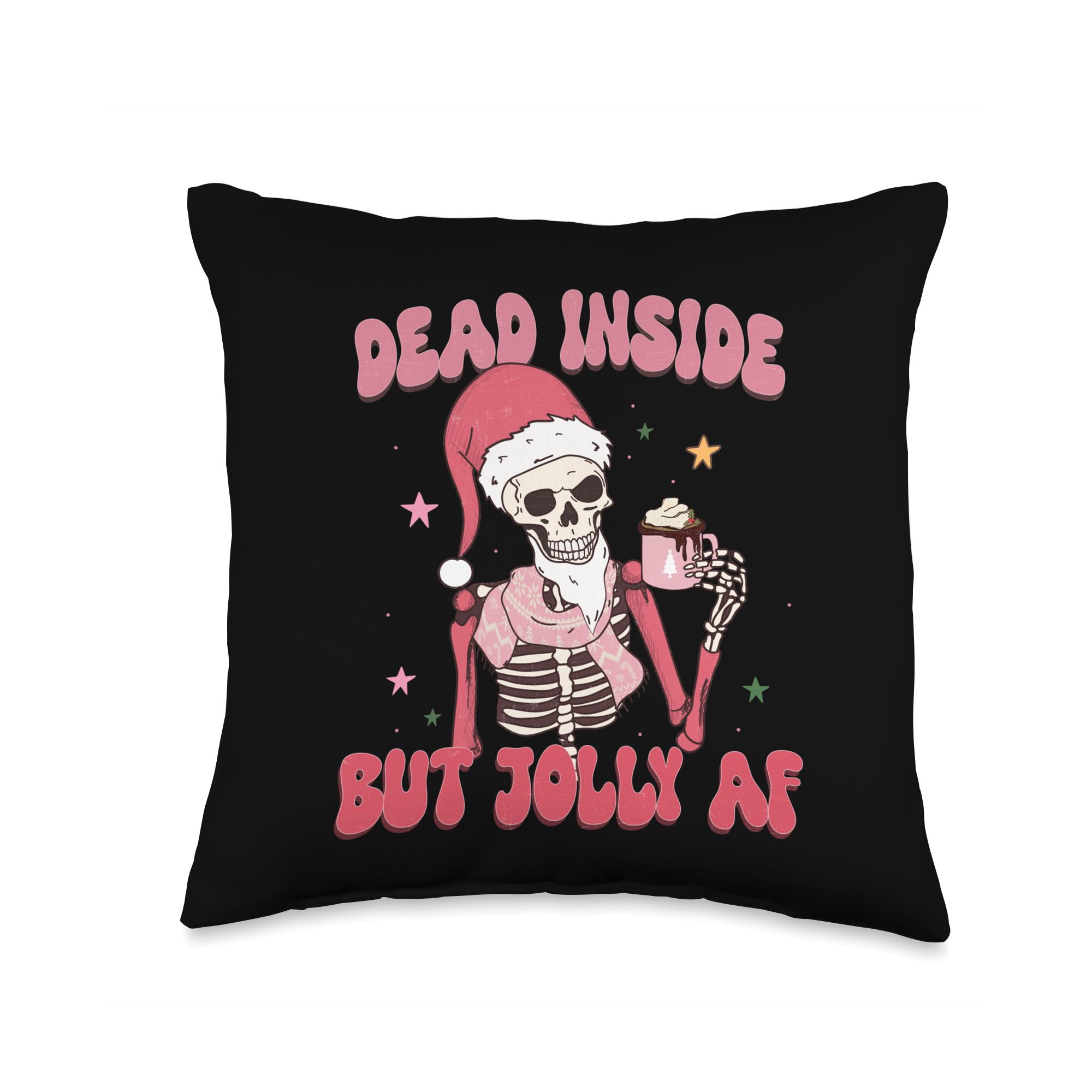 CorkedBrew Dead Inside But Jolly AF Christmas Skeleton Santa Hot Cocoa Throw Pillow, 16x16, Multicolor
