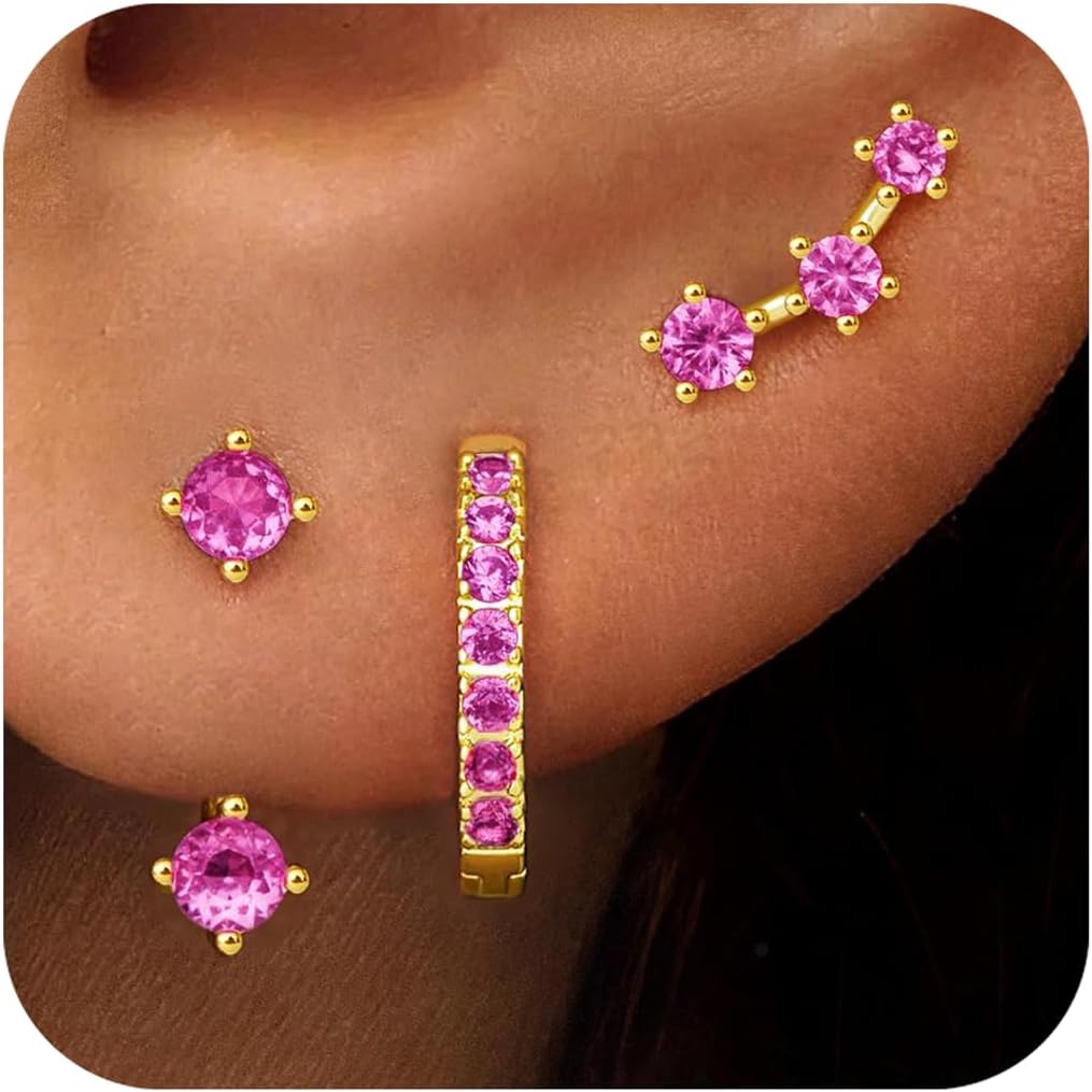 Gold Huggie Hoop Earrings Set for Women, Dainty Small Birthstone Jacket, Stud Earrings, Huggie Earring Stacks for Multiple Piercings, 925 Sterling Silver, Hypoallergenic Earrings, Trendy