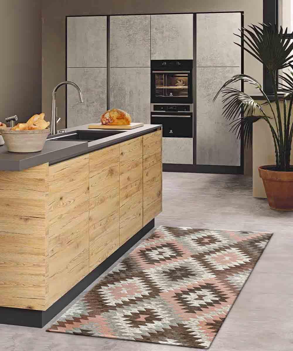 Paire de tapis modernes Avana rose géométrique ethnique kilim, tapis d'ameublement chambre double descente de lit lavables antidérapants 65 x 110 cm (paire)