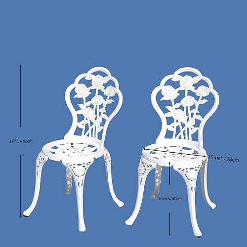 Miniatura 3 de KAILI Rose Garden - Sillas bistró de aluminio fundido, asientos decorativos para patio al aire libre, juego de 2, blanco y negro (silla rosa blanca)