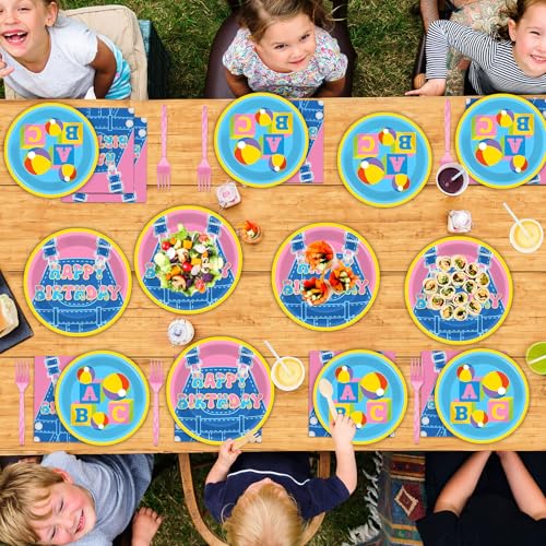Image of 96 Pcs Girls Party Decorations Cartoon Teacher Plates and Napkins Happy Birthday Tableware Set Decor Supplies for Birthday Baby Shower Girl Cartoon Party Favors for 24 Guests