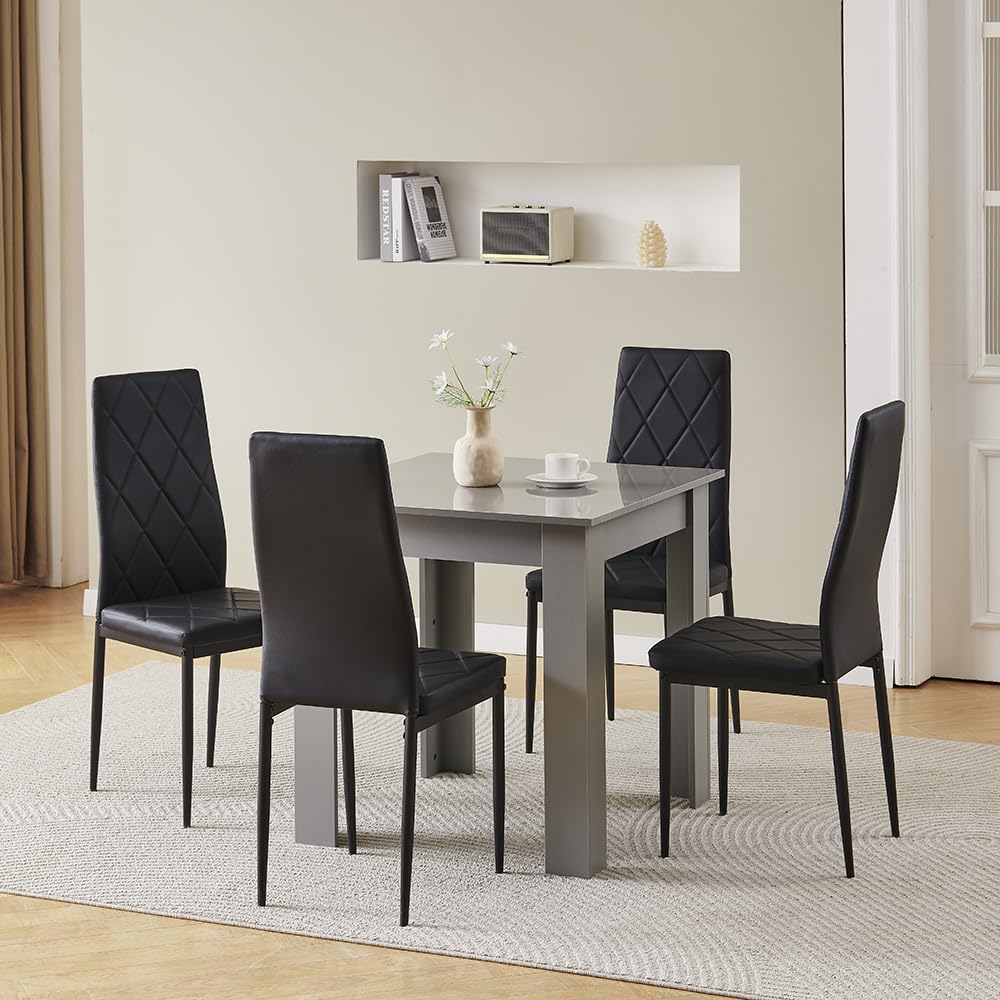 Redd Royal 75cm Square Wood Dining Table and Chairs Set of 4 for Small Compact Kitchen Diner (Argyle Grid Black Leather Chairs, grey table, 4 seaters)