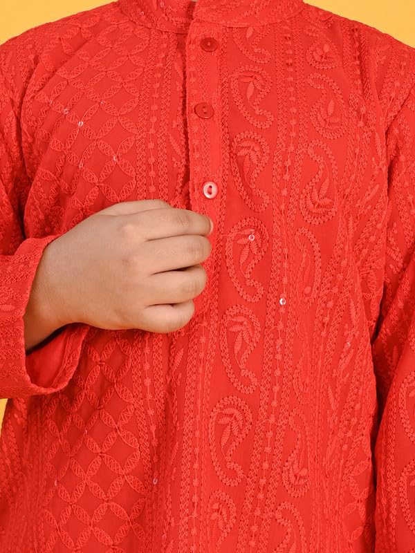 Image of Saka Designs Boy's Embroidered Kurta & Pyjamas - Red
