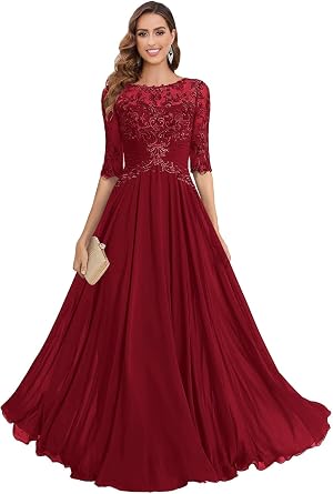 Mother of The Bride Dresses Chiffon Womens Lace Applique Wedding Dress V-Neck Half Sleeveless Formal Evening Gowns
