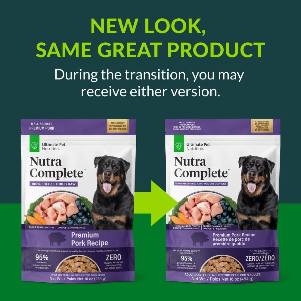 ULTIMATE PET NUTRITION Nutra Complete, 100% Freeze Dried Veterinarian Formulated Raw Dog Food with Antioxidants Prebiotics and Amino Acids, (1 Pound, Pork)