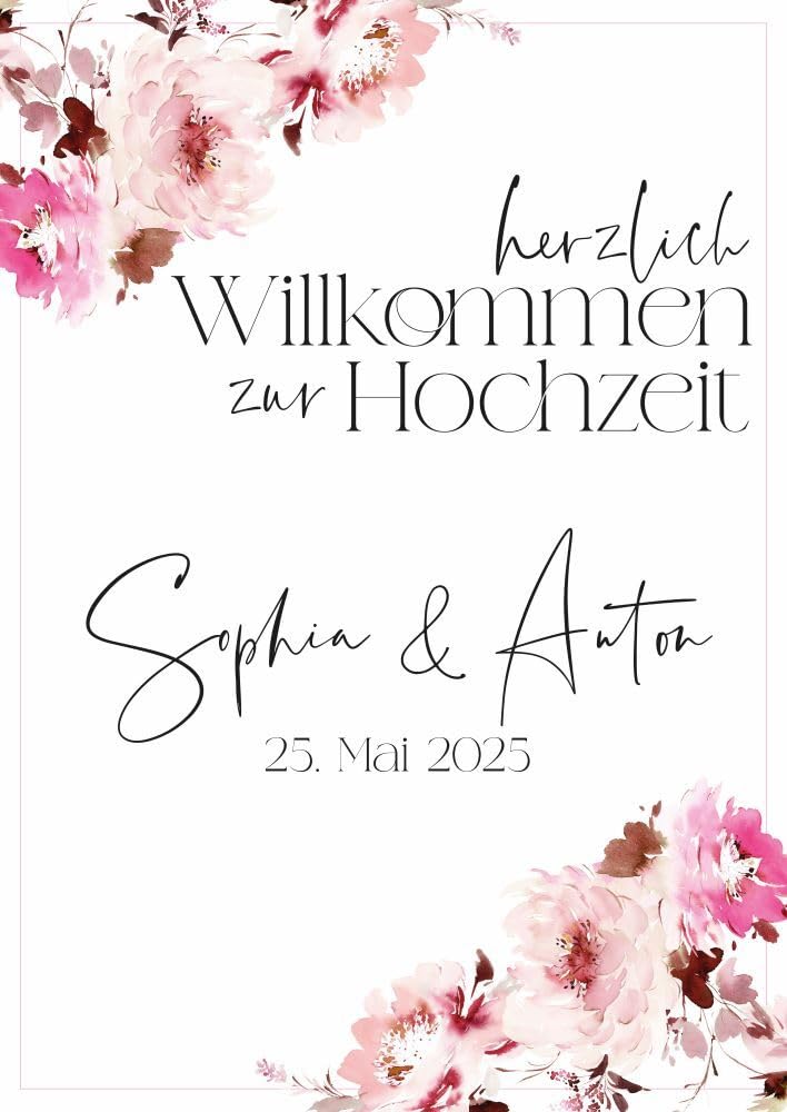Miss Lovely Placa de bienvenida de boda personalizada con el nombre de los novios y la fecha de la boda, decoración personalizada para la recepción A2 42,0 cm x 59,4 cm – Flores flores rosas formato
