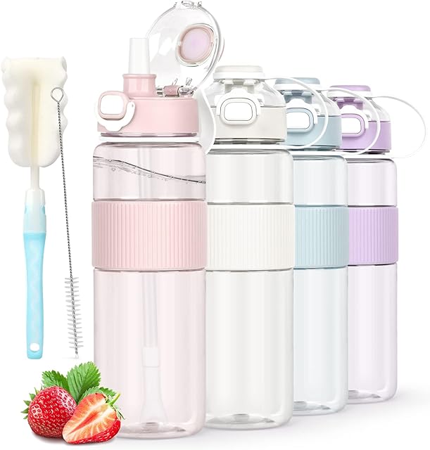 AOHAN Water Bottle with Straw, Sports Water Bottle 1l with Bottle Brush and Sticker, Leakproof Drinks Bottle, BPA Free Clear Water Bottle Ideal for Running Gym School Office and Outdoor Activity
