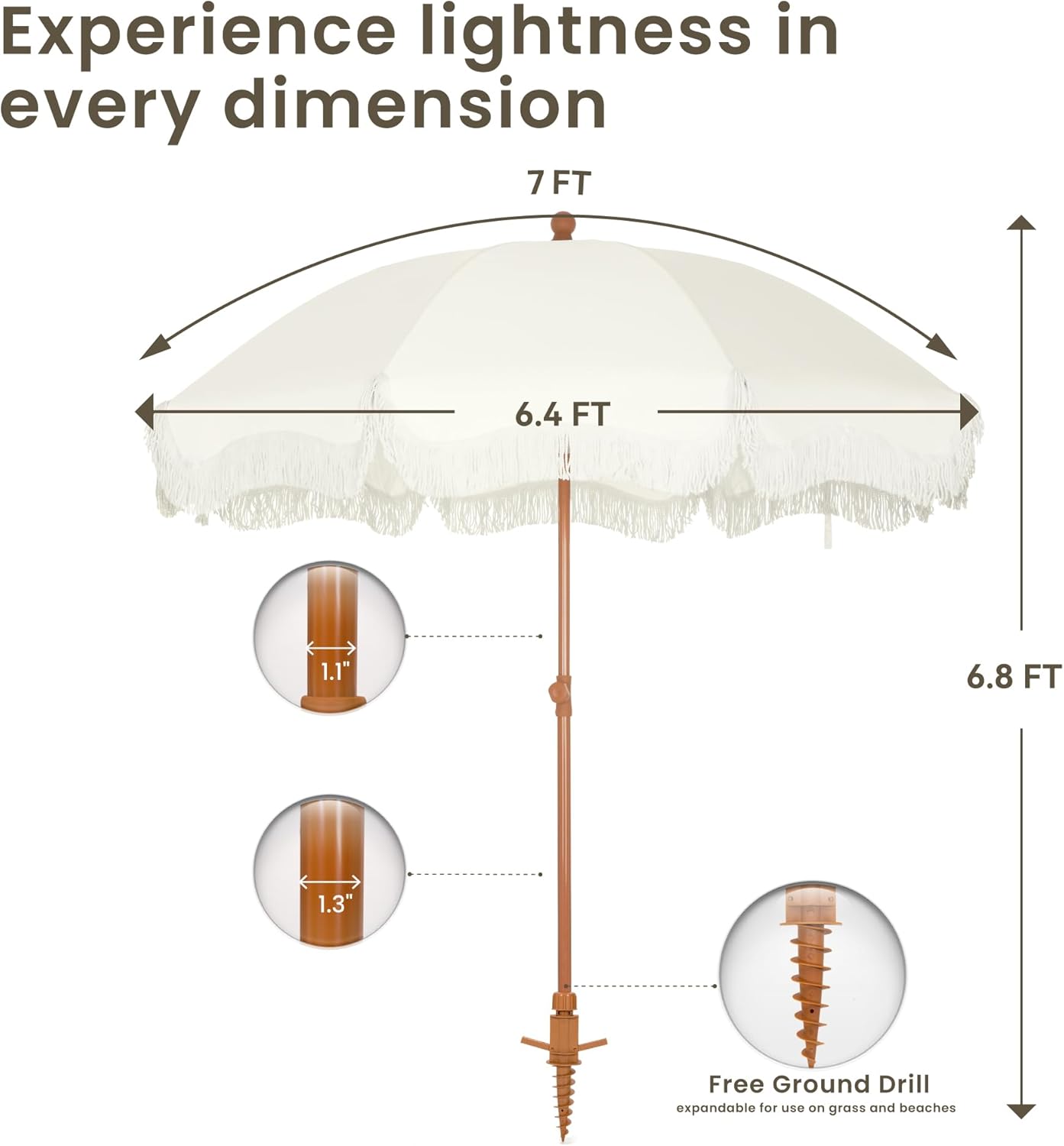 PHI VILLA 7ft Beach Umbrella with Fringe & Sand Anchor, Outdoor Patio Heavy Duty Windproof Portable Tassel Umbrellas for Sand with Push Button Tilt & Carrying Bag, UPF 50+, White(No Base)