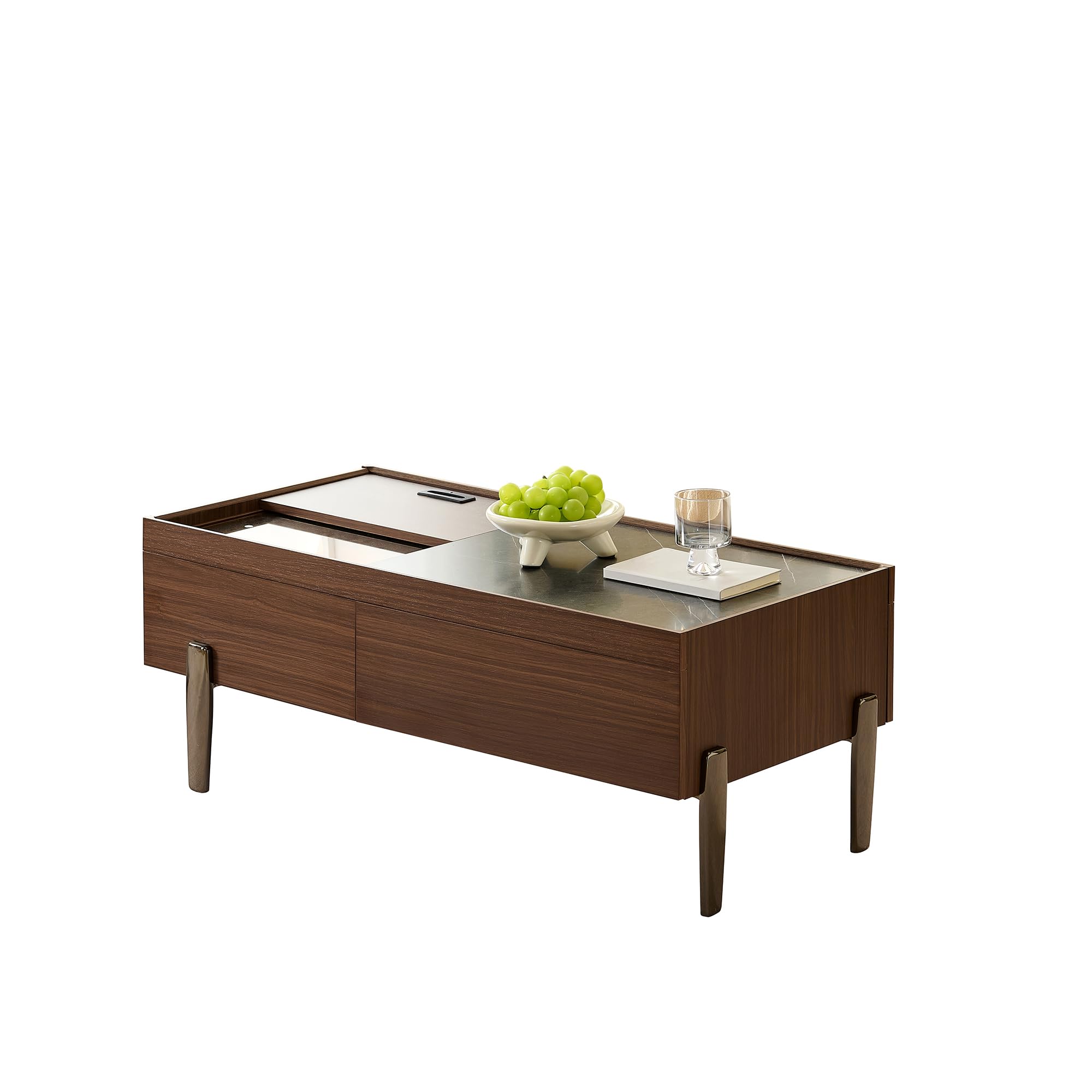Table basse moderne avec tiroirs et plateau en verre - Design en bois marron foncé avec aspect marbre, pieds en métal, beaucoup d'espace de rangement pour le salon
