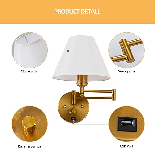 Miniatura 7 de Apliques de pared con brazo oscilante, lámpara de pared enchufable, lámpara de pared para dormitorio, pantalla de tela blanca, con interruptor