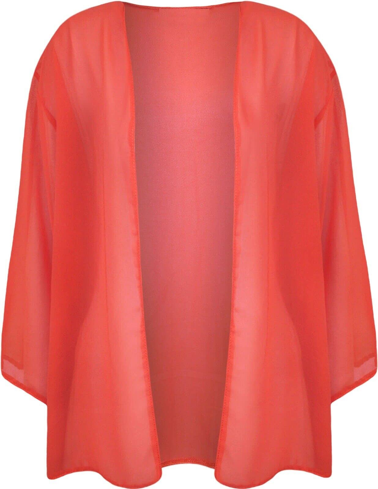 FASHIONISM Ladies 3/4 Sleeve Plain Chiffon Open Front Kimono Cardigan Womens Plus Size Kimono Bolero Shrug Cardigan Size UK 12-26 Coral