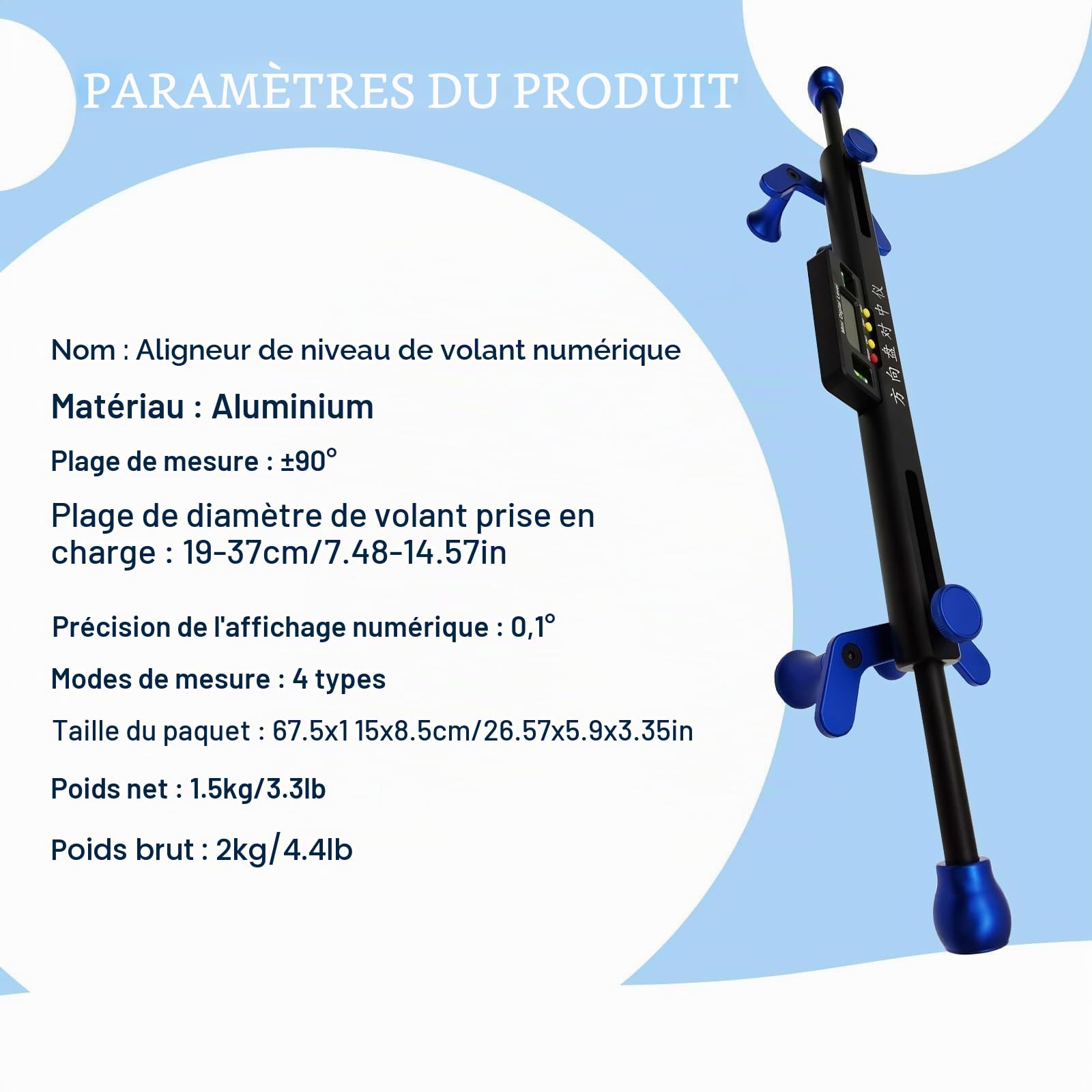 Outil d'alignement de Niveau de Volant de Voiture, aligneur numérique de Niveau de Volant avec Aide au positionnement électronique, Plage de Mesure ± 90 °, réglable de 19 à 37 cm