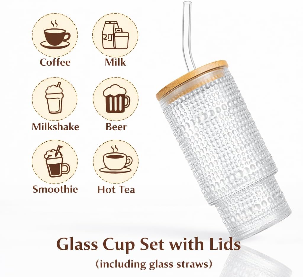 11oz Glass Cups with Bamboo Lids and Glass Straws, 4 Pack Clear Iced Coffee Cups, Vintage Embossed Drinking Tumblers, Smoothie Water Glasses Suitable for Hot and Cold Beverages