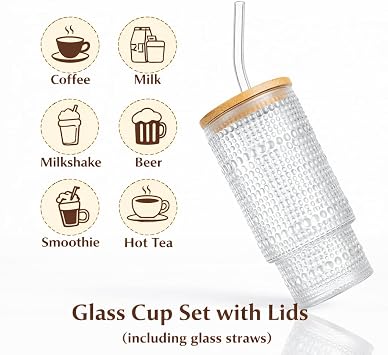 11oz Glass Cups with Bamboo Lids and Glass Straws, 4 Pack Clear Iced Coffee Cups, Vintage Embossed Glassware, Suitable for Hot and Cold Beverages, Beaded Pattern