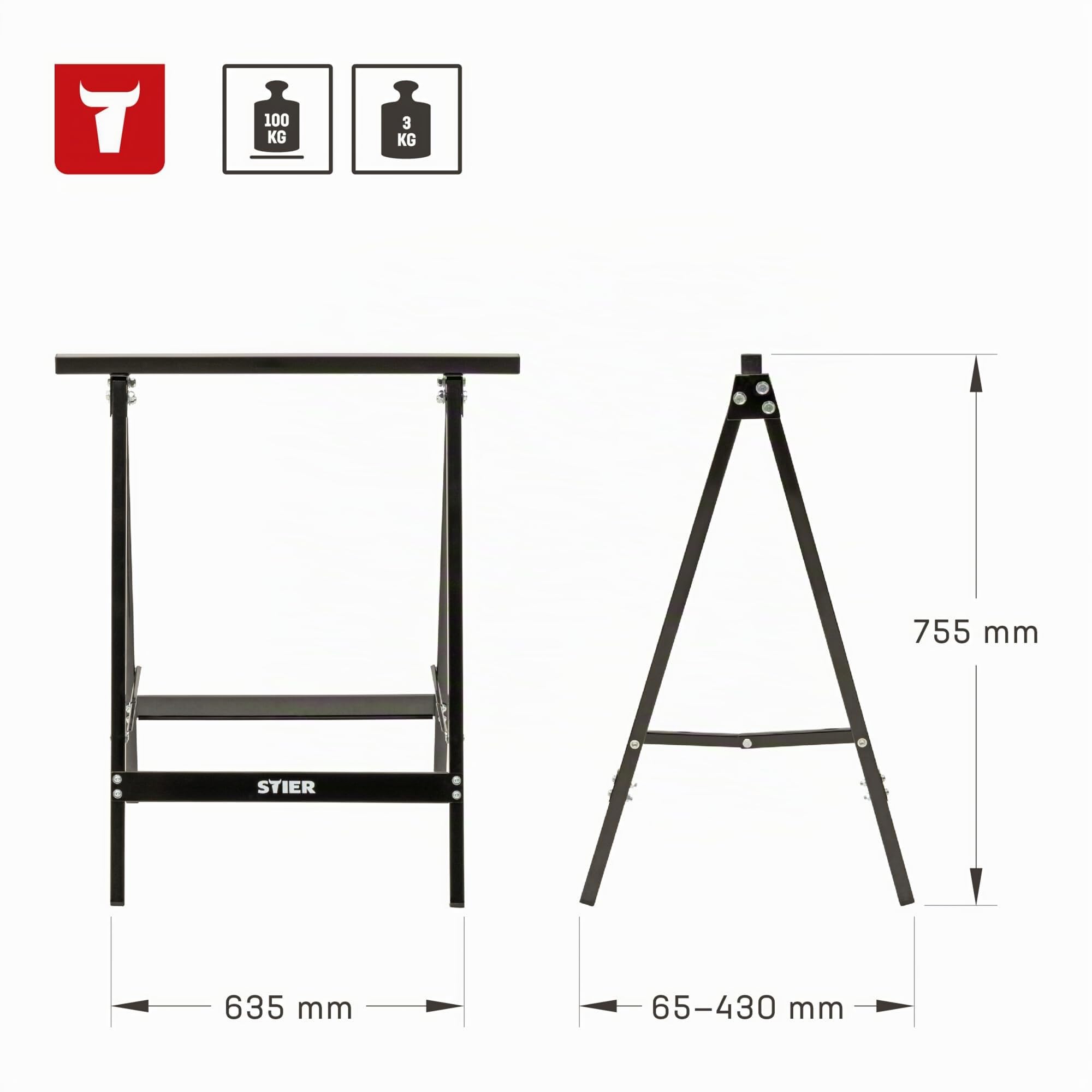 STIER tréteau de travail en acier 100 kg, pliable, tréteau à scie, tréteau de travail, tréteau pliable, tréteau de travail