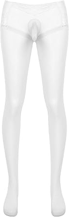 Linjinx Mens Pantyhose Nylon Tights Opening with Lace Edge Sheer Stretchy See Through Stockings