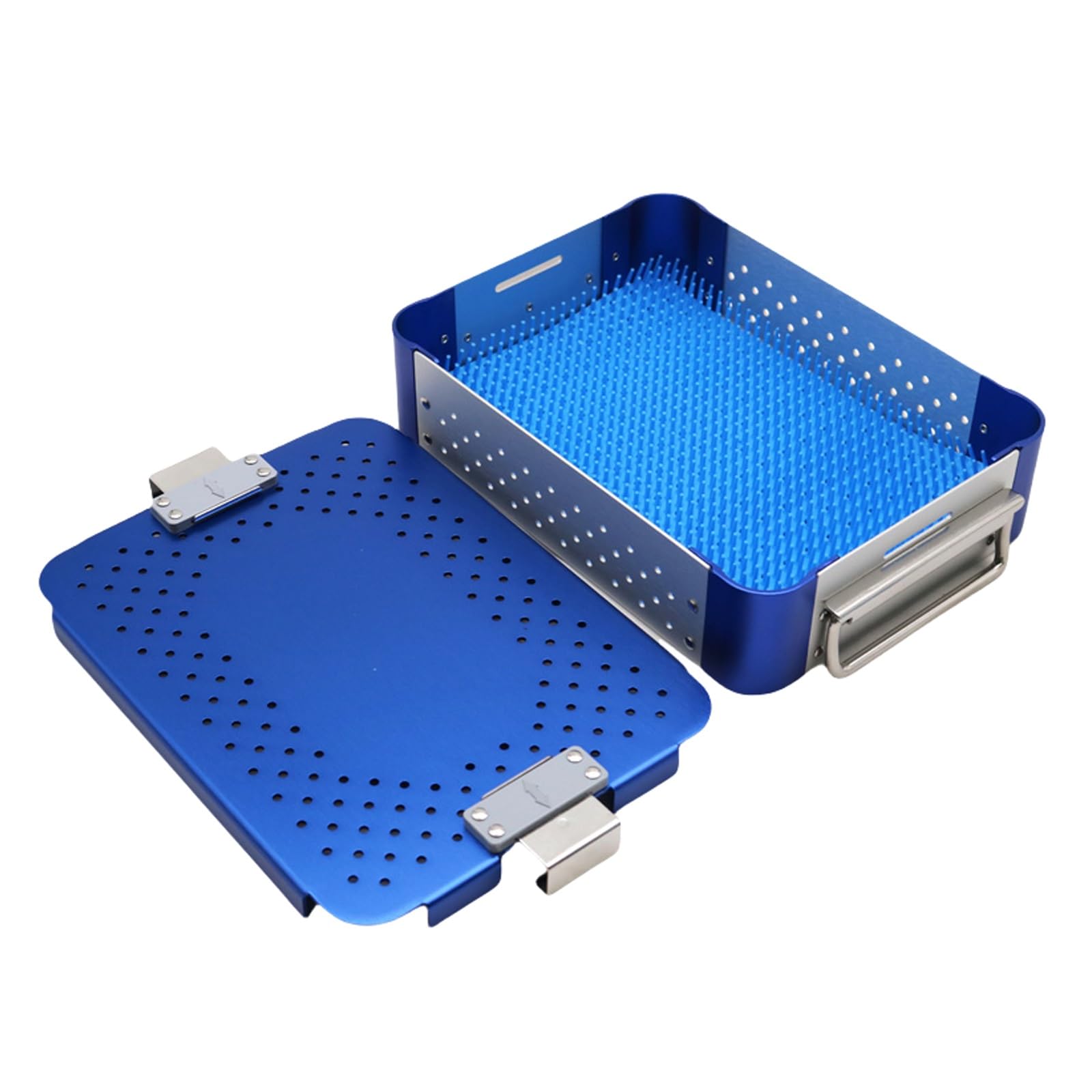 Scatola for la disinfezione medica, con cuscinetti in silicone, vassoio for strumenti chirurgici in lega di alluminio, può fissare efficacemente gli strumenti, adatta for ospedali, dentisti(Blue)