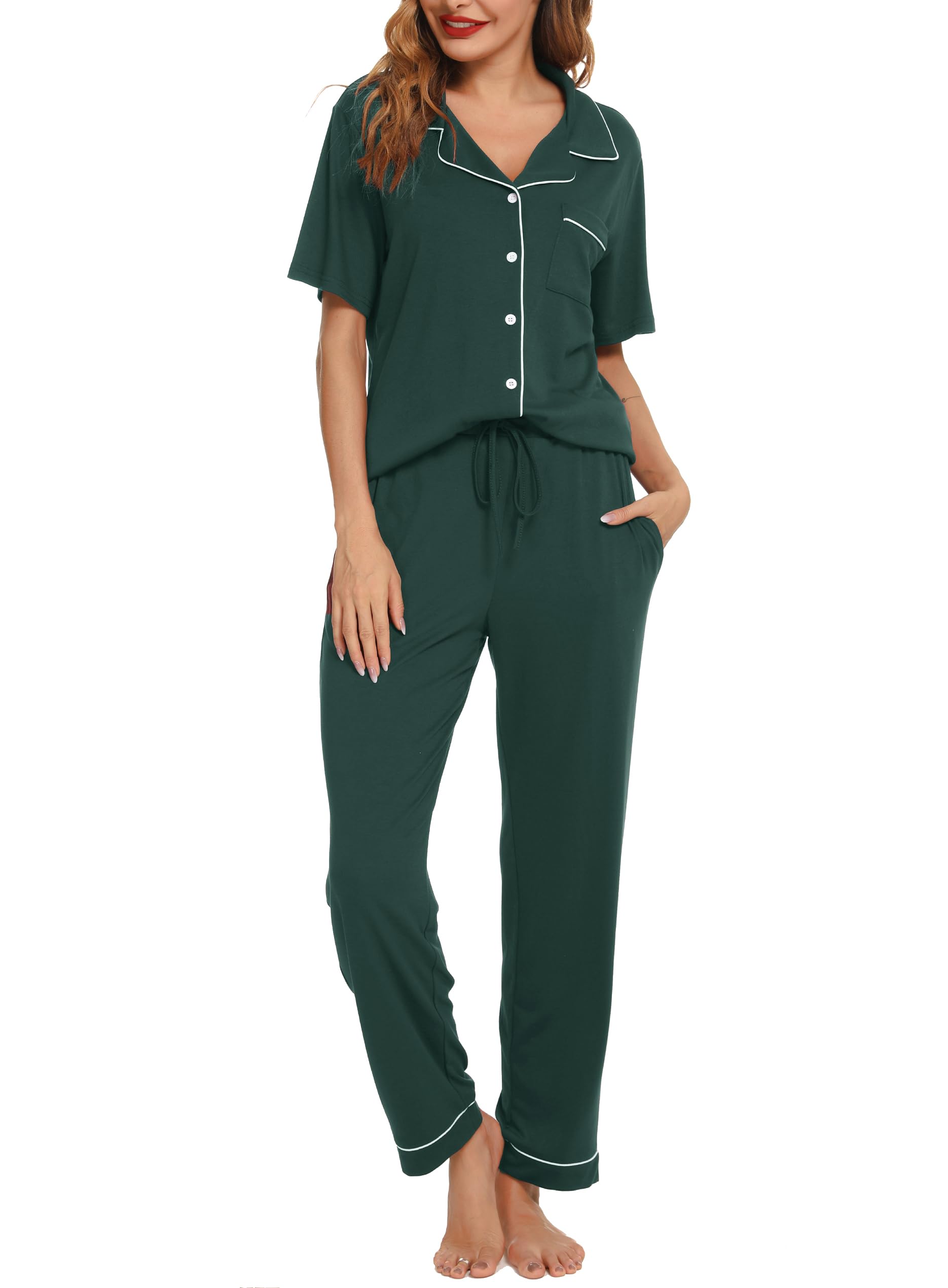Lovasy Schlafanzug Damen Lang Kurzarm Pyjama mit Knöpfen Schlafanzüge für Damen Zweiteiliger Loungewear Set mit Taschen und Kordelzug