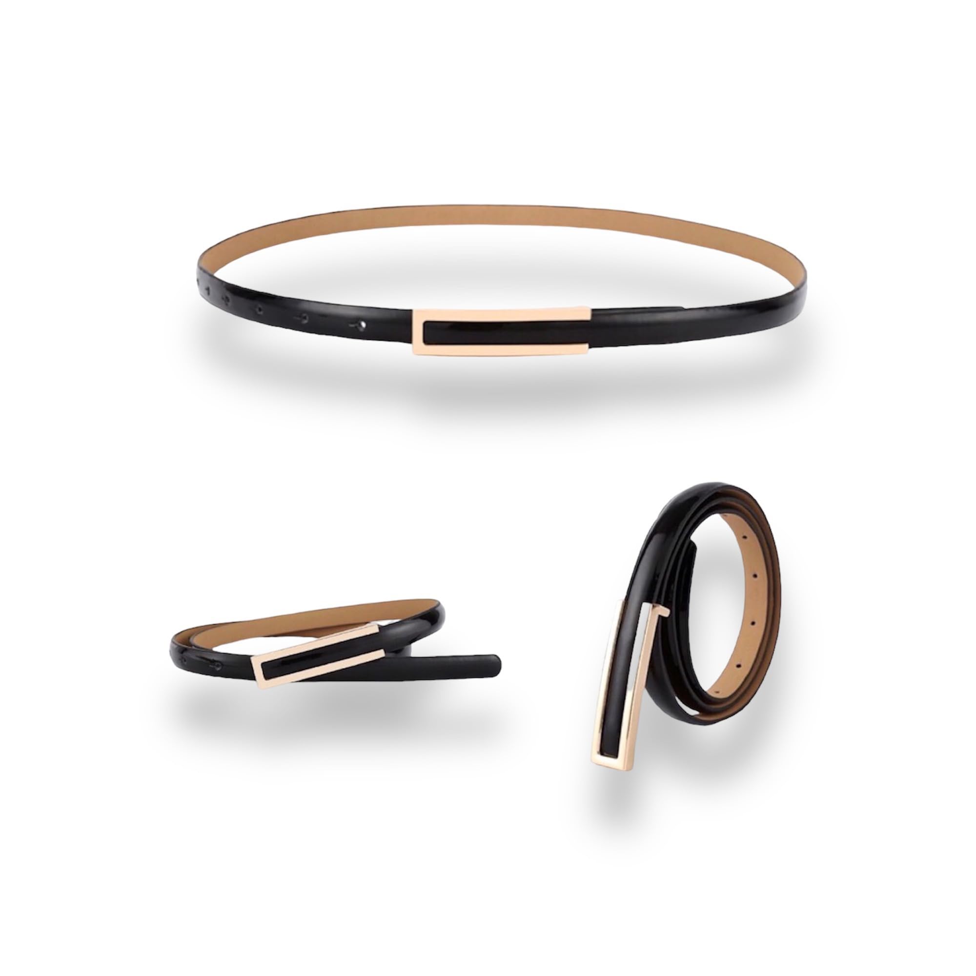 Women's Belt Fashion Elegant Dress Skinny Patent Leather Belts Waistband Thin Waist Belt Alloy Gold Buckle