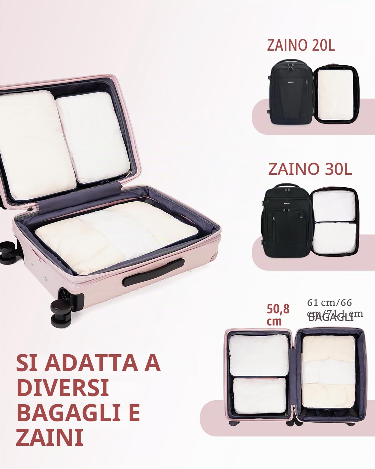 ECOHUB 6 Pezzi Organizer Valigia Salvaspazio Compressione, Set Per Viaggio Con Copriscarpe, Divisori Per Bagaglio a Mano, Leggero, Rosa