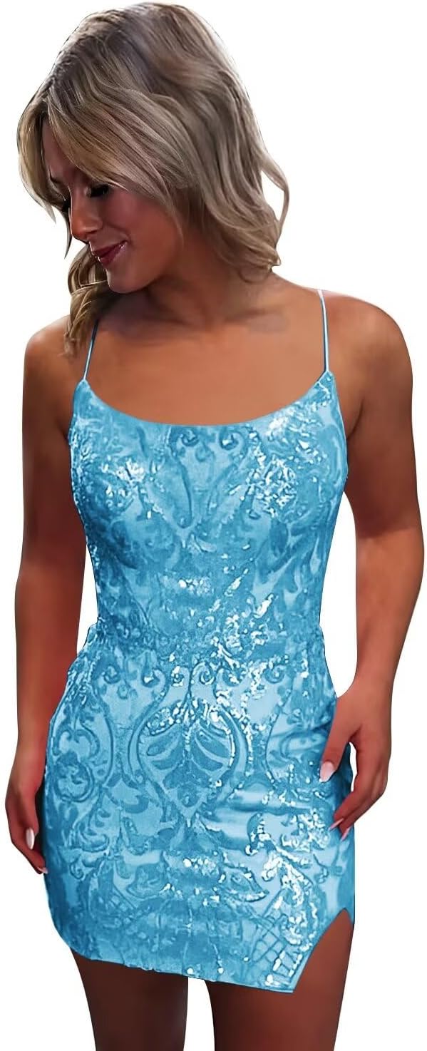 Sparkly Sequin Homecoming Dresses with Slit Short Scoop Neck Tight Prom Cocktail Party Gowns for Teens