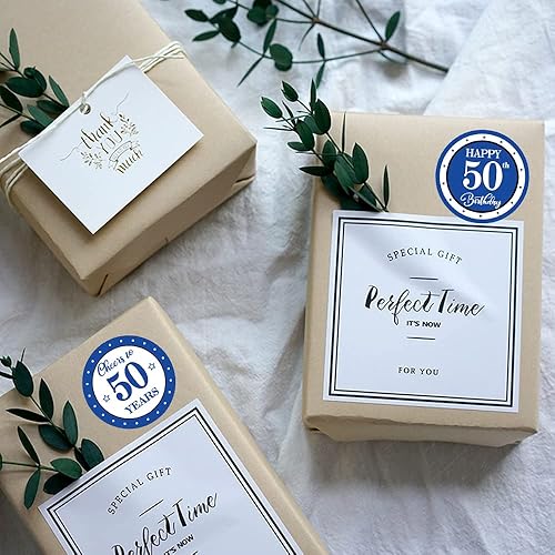 Miniatura 4 de Rollos de calcomanías azules de 50 cumpleaños (500 unidades), calcomanías de felicitación a 50 años, calcomanías redondas de feliz cumpleaños 50