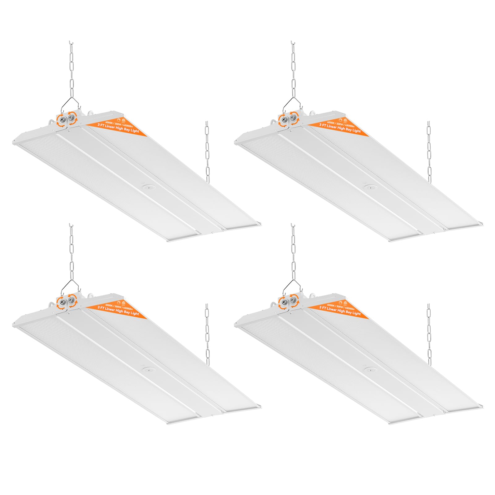 3FT 300W Linear High Bay Shop Lights 4-Pack 45000lm 6000K 5000K 4000K Selectable 0-10V dimmable Adjustable Tilt Hanging