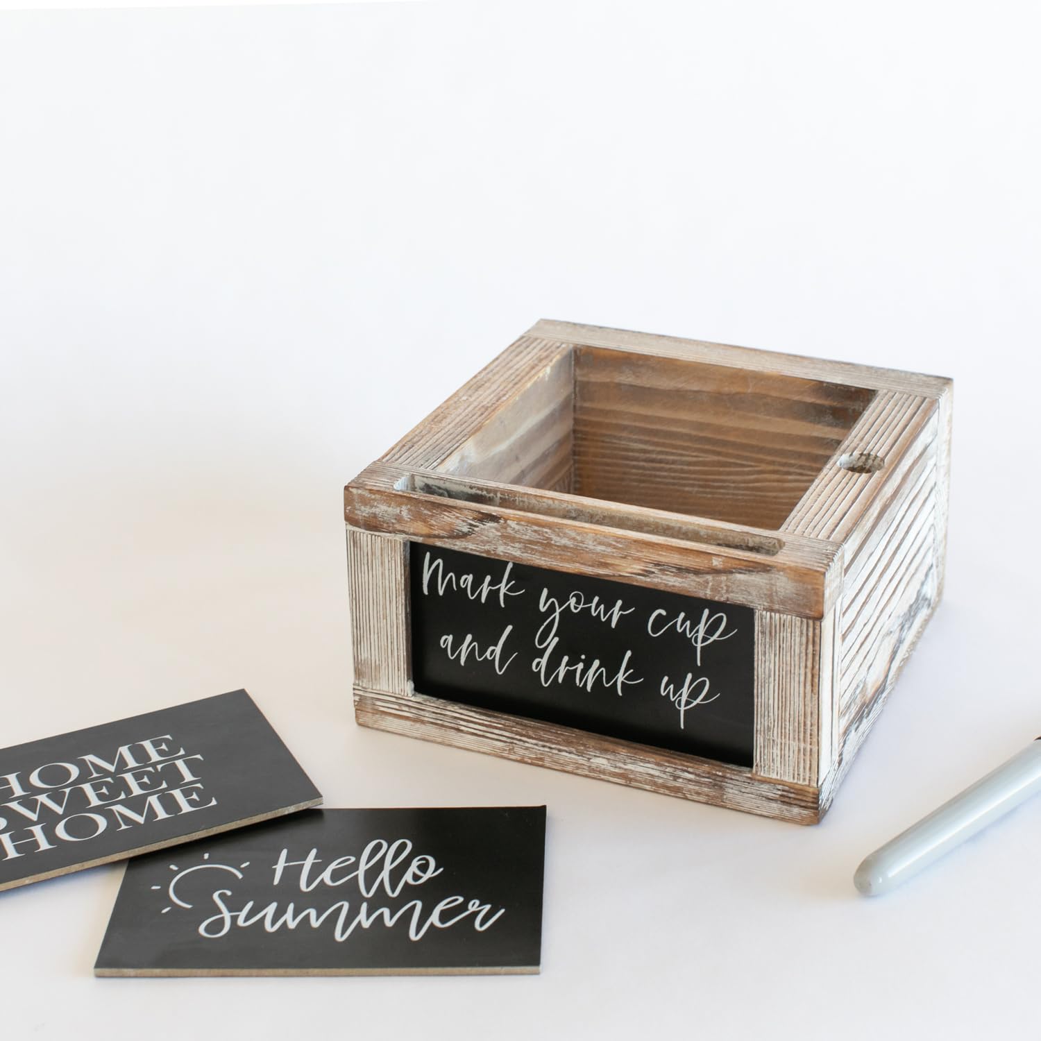 Rustic Party Cup Holder With Marker Slot- Drink Caddy With Interchangeable Signs- Mark Your Cup And Drink Up-Hosting Essentials Wood Cup Dispenser- Brunch Supplies- Disposable Cup Holder Hostess Gifts