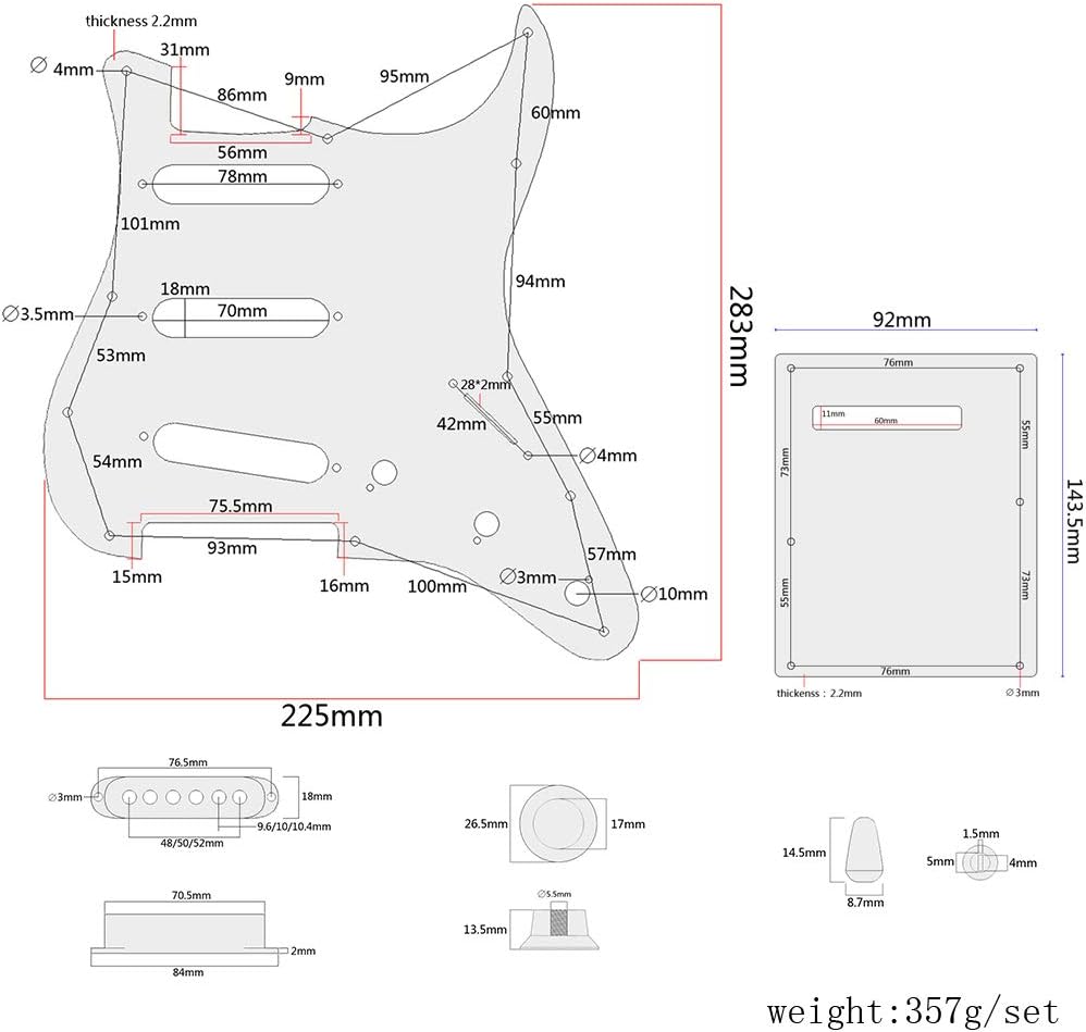 Prewired Loaded Pickguard, Pickguard Guitar 3-Ply SSS Prewired Loaded Pickguard with Alnico V Pickups Kit Humbucker Pickups for Stratocaster/Strat Electric Guitars Replacement Parts (101A)