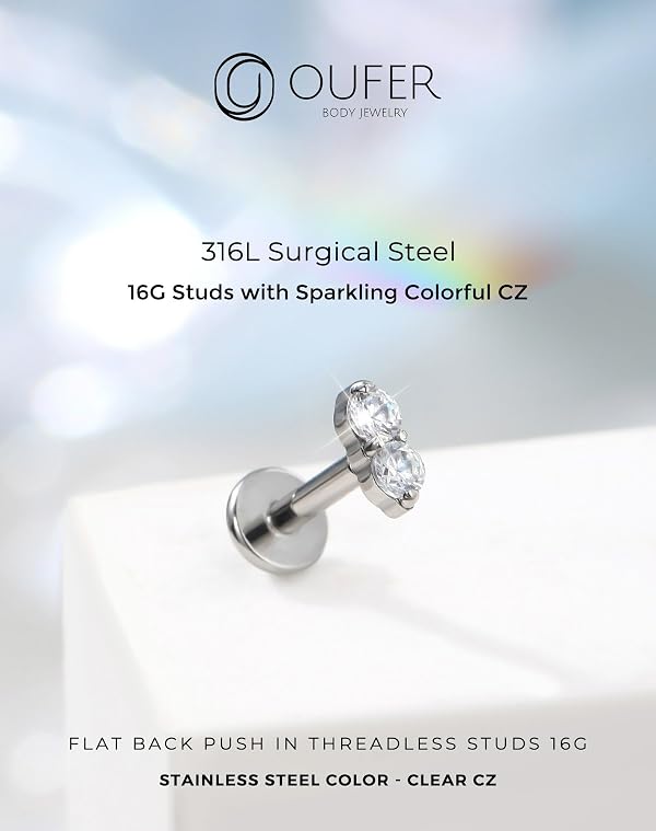 OUFER Threadless Flat Back Labret Stud 16G 18G, 316L Stainless Steel Push Pin CZ Stud Earring, 6mm 8mm Post for Cartilage Tragus Helix Conch Lip, Silver Post – Clear by OUFER - Used condition - Image 3