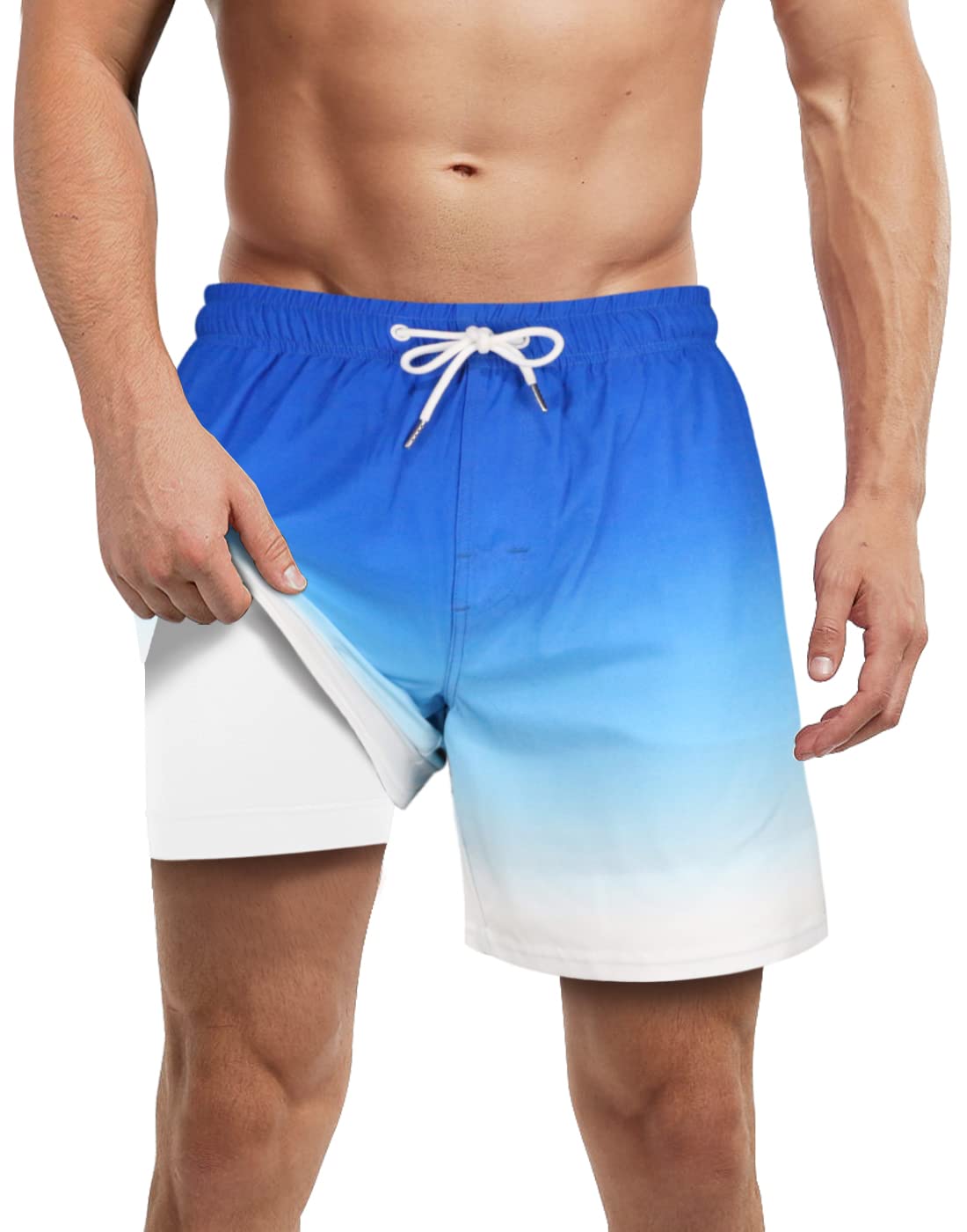 LUCOWEE Mens Swim Trunks with Bult-in Boxer Briefs Compression Liner Anti Chafe Quick Dry UPF 50+ Swimming Shorts 5-6" Inseam Bathing Swimsuit