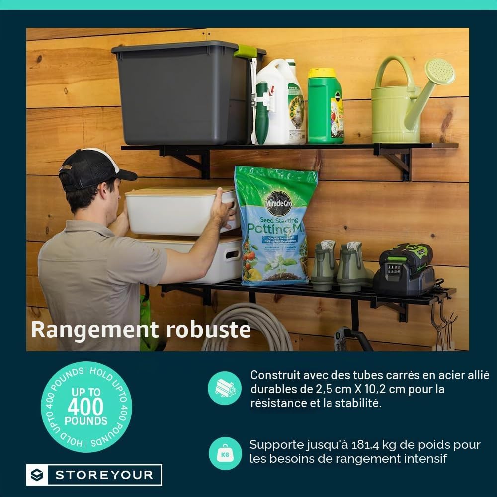 StoreYourBoard Lot de 2 étagères murales de garage robustes – 3,5 x 1,2 m, 90,7 kg chacune, crochets inclus pour l'organisation