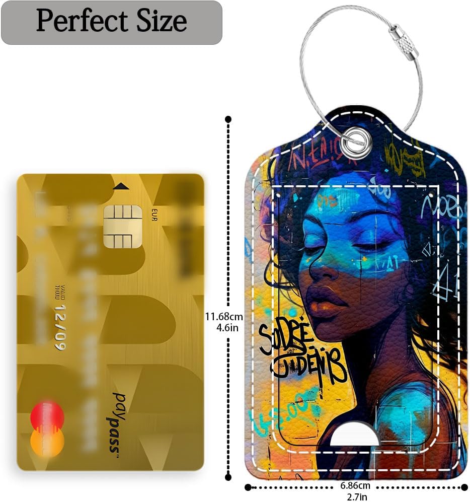 2 Pcs Luggage Tag for Suitcase, Black Girl Graffiti Unique Leather Suitcase Tags with Full Privacy Cover Stainless Steel Loop for Women Men Travel Baggage Bag Backpack image 2