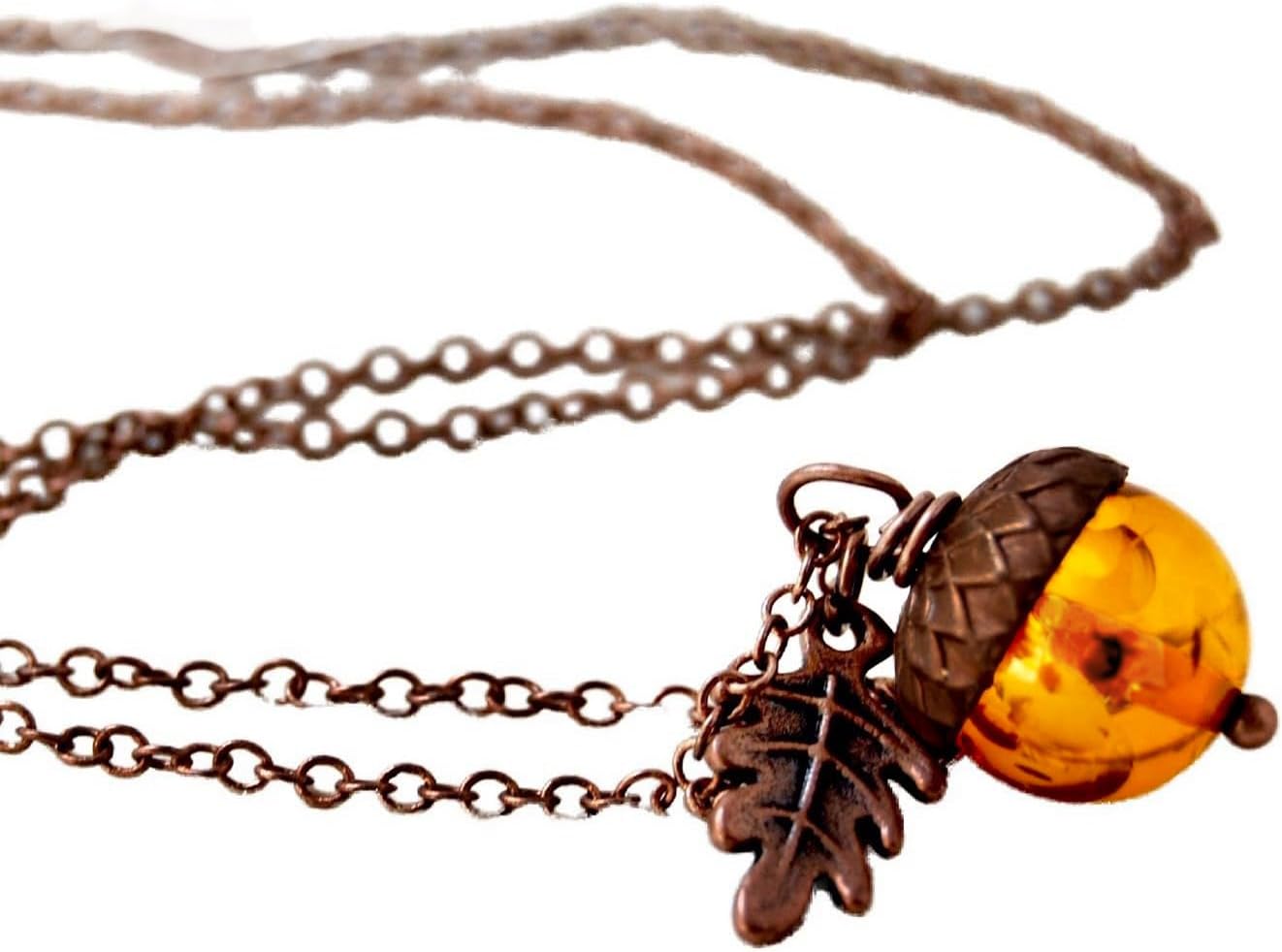 Enchanted Leaves - Orange and Copper Acorn Necklace - Orange Lucite Fall Acorn Pendant - Cute Nature Charm Necklace