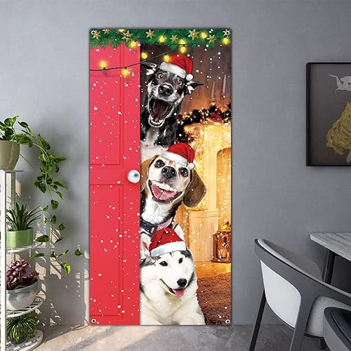 Miniatura 3 de Divertida cubierta de puerta de Feliz Navidad Cartel grande y lindo de perros de Papá Noel para decoración de puerta delantera Fondo de fotografía